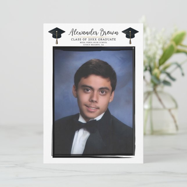 Modern Photo Black Frame Trendy Graduation Cap Invitation (Standing Front)