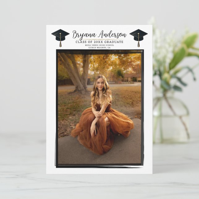 Modern Photo Black Frame Trendy Graduation Cap Invitation (Standing Front)
