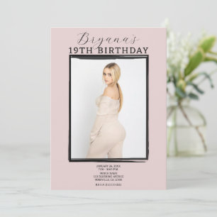 Modern Photo Black Frame Trendy Pink Birthday Invitation
