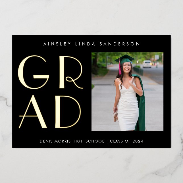 Modern Photo Black Gold Foil  Grad Announcement (Front)