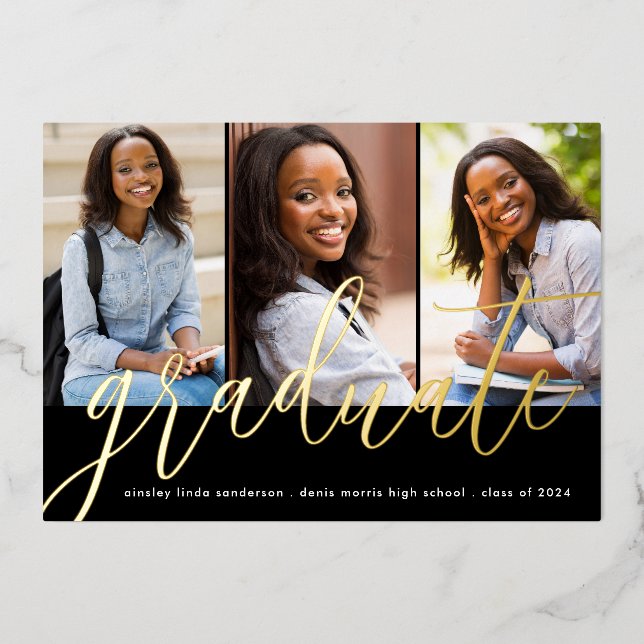 Modern Photo Black Gold Foil  Grad Announcement (Front)