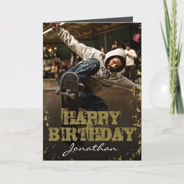 Modern Photo Black & Gold Happy Birthday Card (Front)