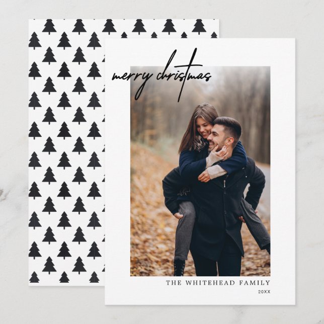 Modern Photo Black Merry Christmas White Holiday Card (Front/Back)