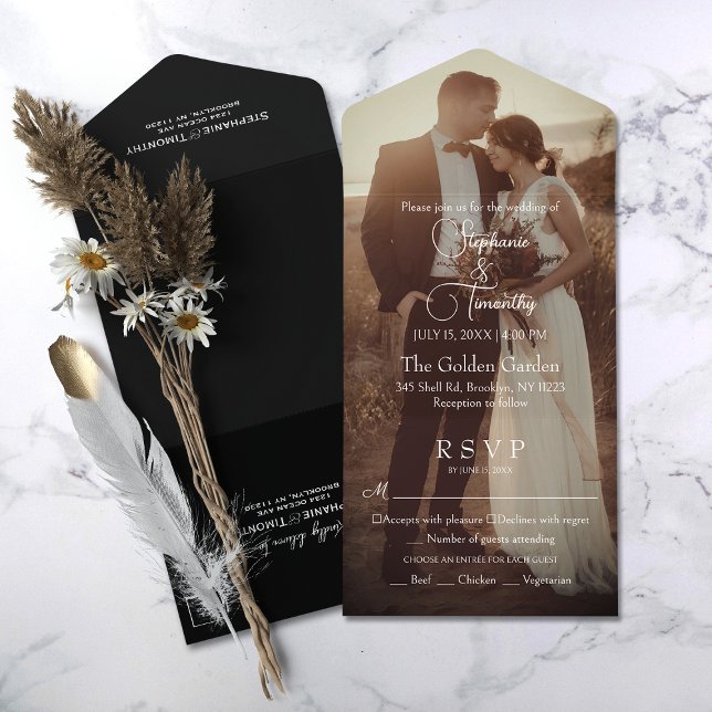 Modern Photo Black Wedding All In One Invitation (Simplify your wedding with our all-in-one invitation – convenience and beauty in a single card.)