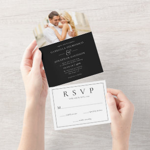 Modern Photo Black White Wedding RSVP All In One Invitation