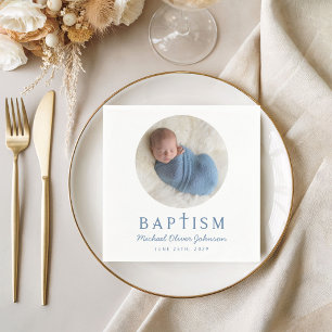 Modern Photo Blue Cross Boy Baptism Napkin