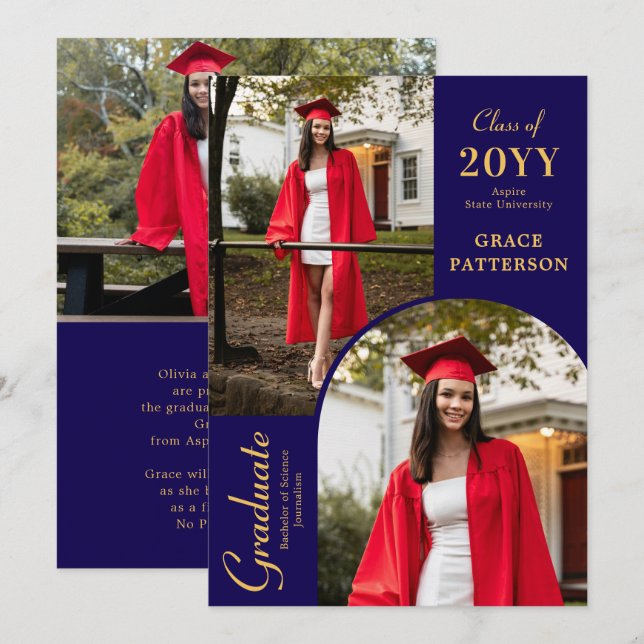 Modern Photo Blue Gold Graduation Announcement (Front/Back)