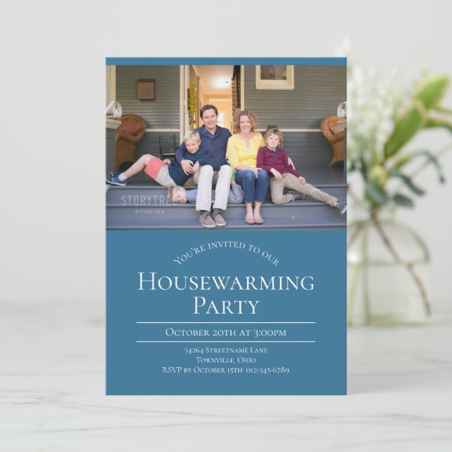 Modern Photo Blue Housewarming Invitation (Standing Front)