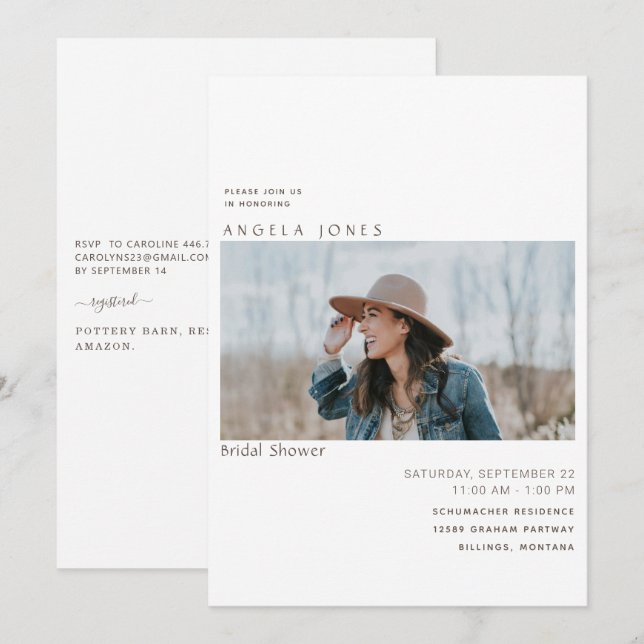 Modern Photo Bridal White Invitation (Front/Back)