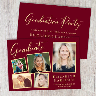 Modern Photo Burgundy Gold Graduation Party Invitation