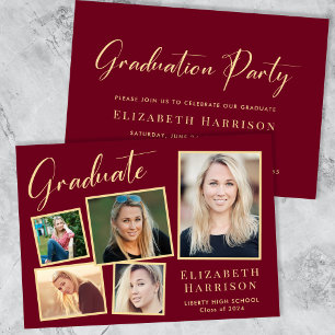 Modern Photo Burgundy Gold Graduation Party Invitation