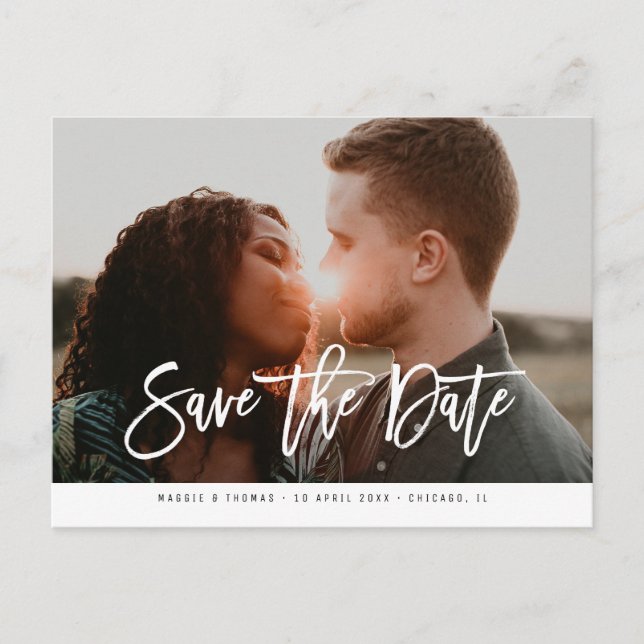 Modern photo chic script wedding save the date postcard (Front)