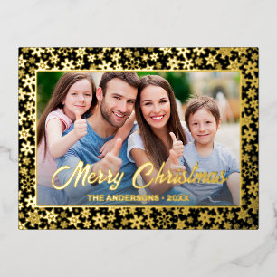 Modern photo Christmas elegant black and gold  Foil Holiday Postcard