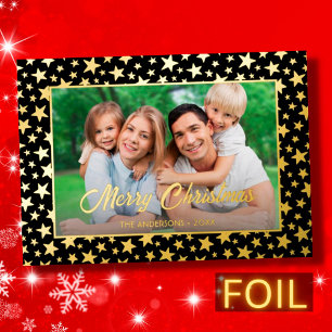 Modern photo Christmas elegant black and gold star Foil Holiday Card