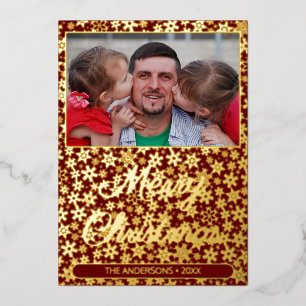 Modern photo Christmas elegant burgundy snowflakes Foil Holiday Card