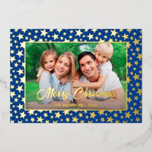 Modern photo Christmas elegant gold star navy blue Foil Holiday Card