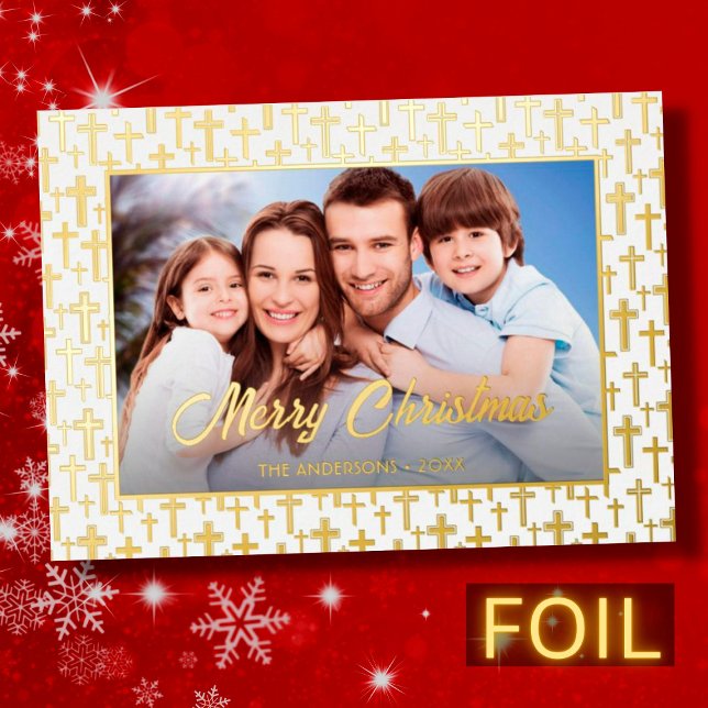 Modern photo Christmas elegant script Jesus cross Foil Holiday Card (Creator Uploaded)