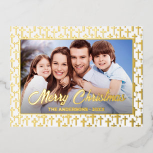 Modern photo Christmas elegant script Jesus cross Foil Holiday Postcard