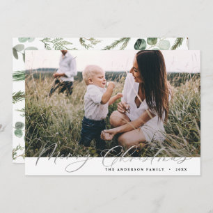 Modern photo Christmas elegant silver script Holiday Card
