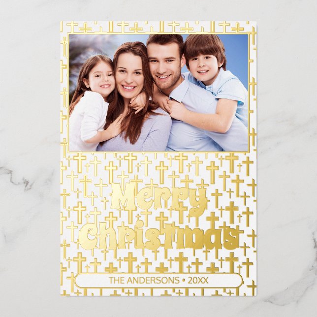 Modern photo Christmas golden Jesus cross elegant Foil Holiday Card (Front)