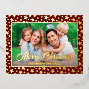 Modern photo Christmas golden stars red burgundy Foil Holiday Postcard