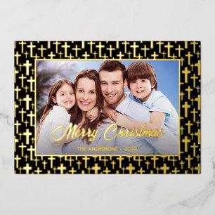 Modern photo Christmas Jesus cross black and gold Foil Holiday Card