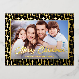 Modern photo Christmas Jesus cross black and gold Foil Holiday Postcard