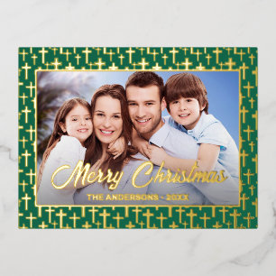 Modern photo Christmas Jesus cross green elegant Foil Holiday Postcard