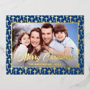 Modern photo Christmas Jesus cross royal blue  Foil Holiday Postcard