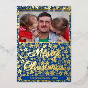 Modern photo Christmas script snowflake navy blue Foil Holiday Card