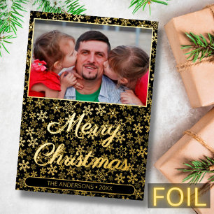 Modern photo Christmas snowflakes black and gold Foil Holiday Card
