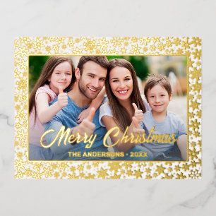 Modern photo Christmas snowflakes elegant scrip Foil Holiday Postcard