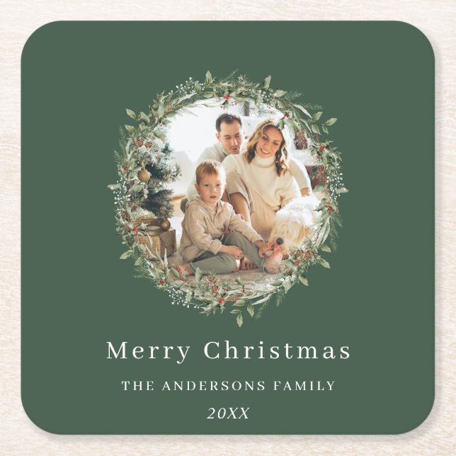 Modern photo Christmas wreath green Square Paper Coaster (Front)