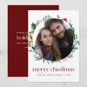 Modern Photo Christmas Wreath Ivy Berries Holiday Card