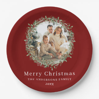 Modern photo Christmas wreath red Paper Plate