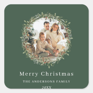 Modern photo Christmas wreath  Square Sticker