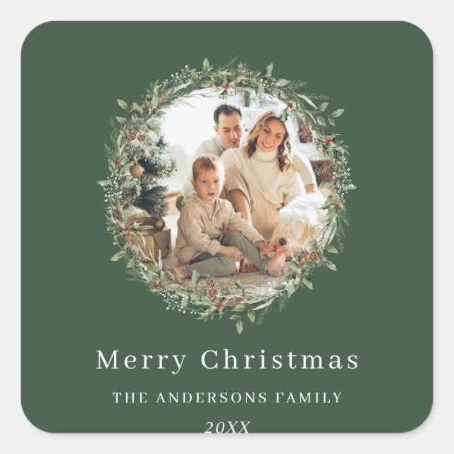 Modern photo Christmas wreath  Square Sticker (Front)