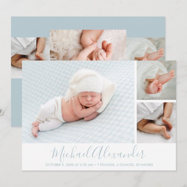 Modern Photo Collage Baby Birth Announcement (Front/Back)