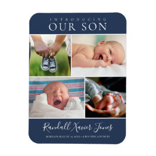 Modern Photo Collage Baby Boy Announcement Blue Magnet