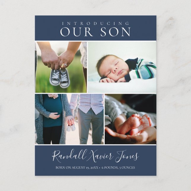 Modern Photo Collage Baby Boy Announcement Postcard (Front)