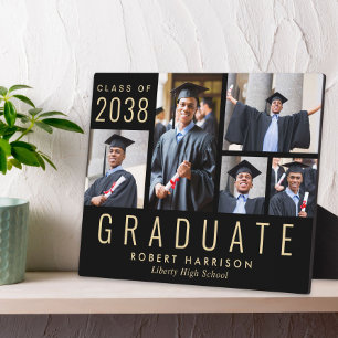 Modern Photo Collage Black Gold Graduation Plaque