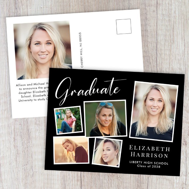 Modern Photo Collage Black Graduation Announcement Postcard (Cherish the milestone: share your graduate's achievement with a custom photo graduation announcement)