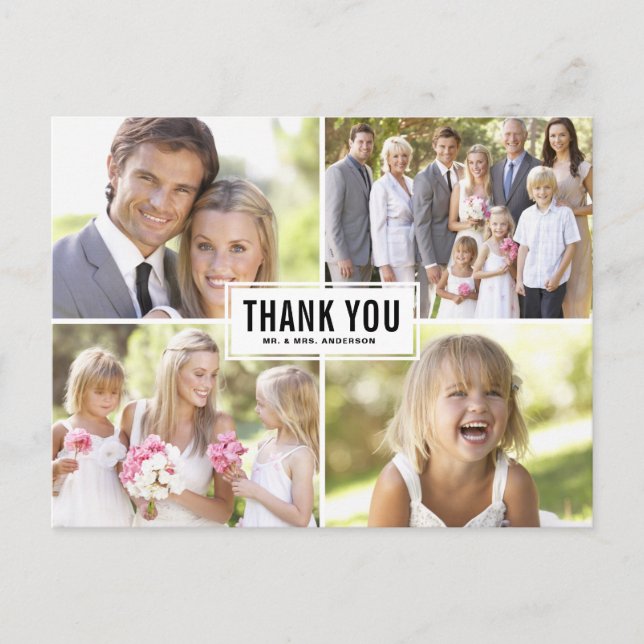 Modern Photo Collage Black Wedding Thank You Postcard (Front)