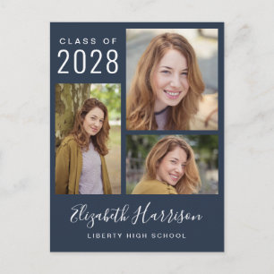 Modern Photo Collage Blue Graduation Announcement Postcard