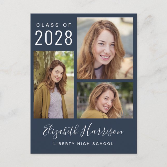 Modern Photo Collage Blue Graduation Announcement Postcard (Front)