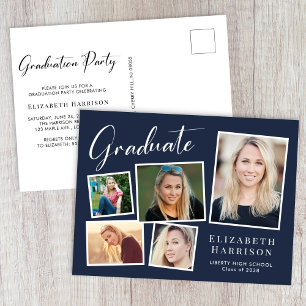 Modern Photo Collage Blue Graduation Party Invitation Postcard