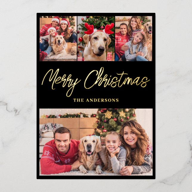 Modern Photo Collage Christmas Gold Foil Holiday Card (Front)