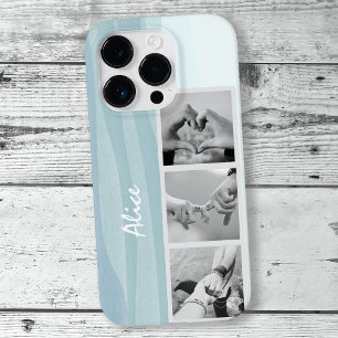 Modern Photo Collage Cool Blue Watercolor Name iPhone 16 Pro Case