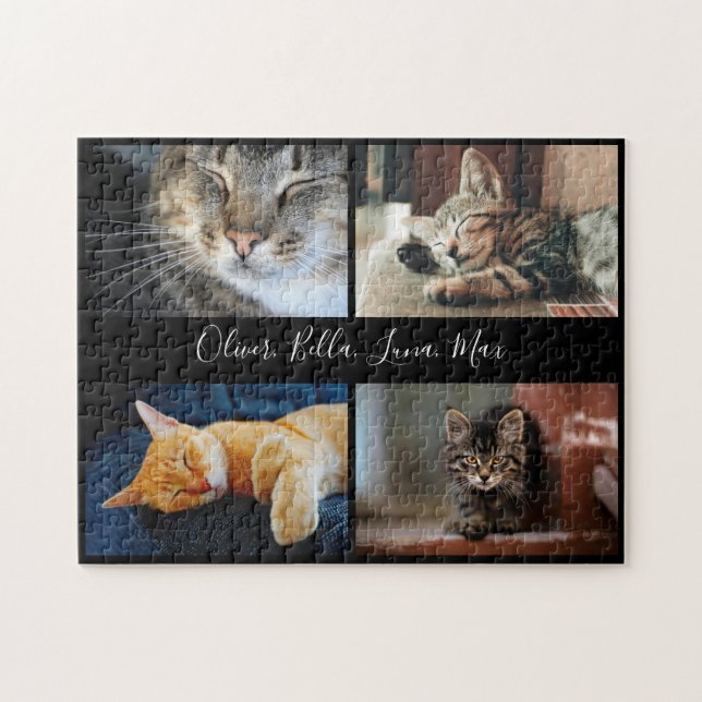 Modern Photo Collage Custom Script Name on Black Jigsaw Puzzle (Horizontal)