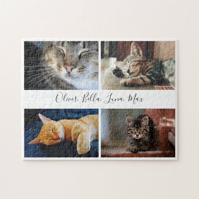 Modern Photo Collage Custom Script Name on White Jigsaw Puzzle (Horizontal)